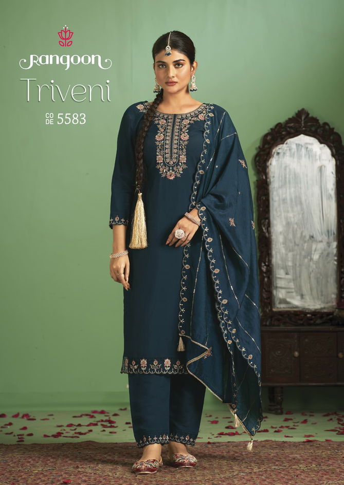 Triveni By Rangoon Silk Embroidery Designer Kurti Bottom With Dupatta Wholesale Shop In Surat
